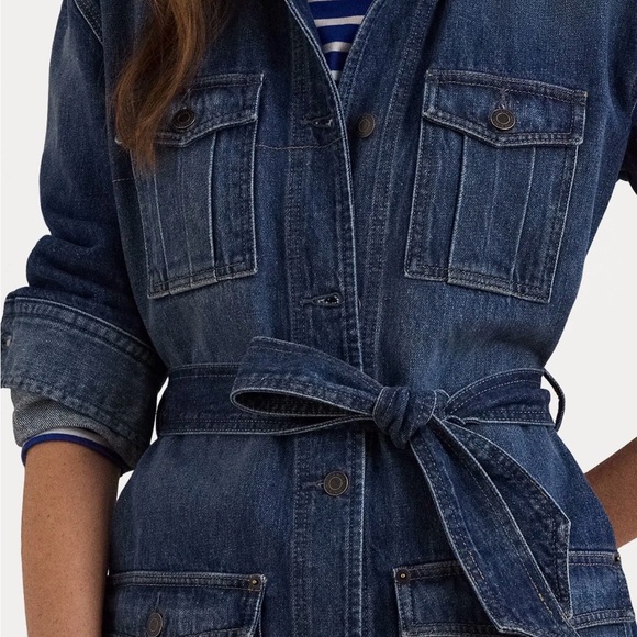 RALPH LAUREN Belted Denim Field Jean Jacket Pockets Collared Marina Wash - Picture 9 of 14